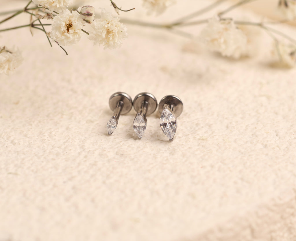 Titanium Push Pin Marquise CZ Flat Back Stud 3.5mm, 4mm, 5mm