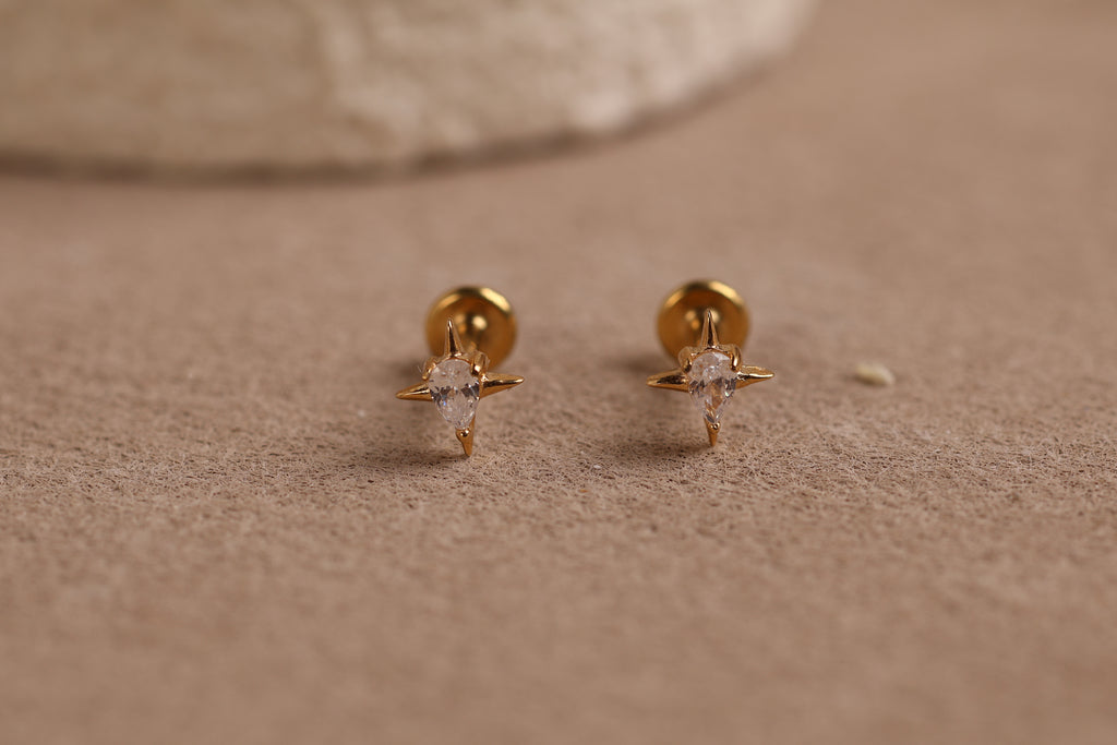 Titanium Internal Threaded Pear CZ Starburst Flat Back Earrings
