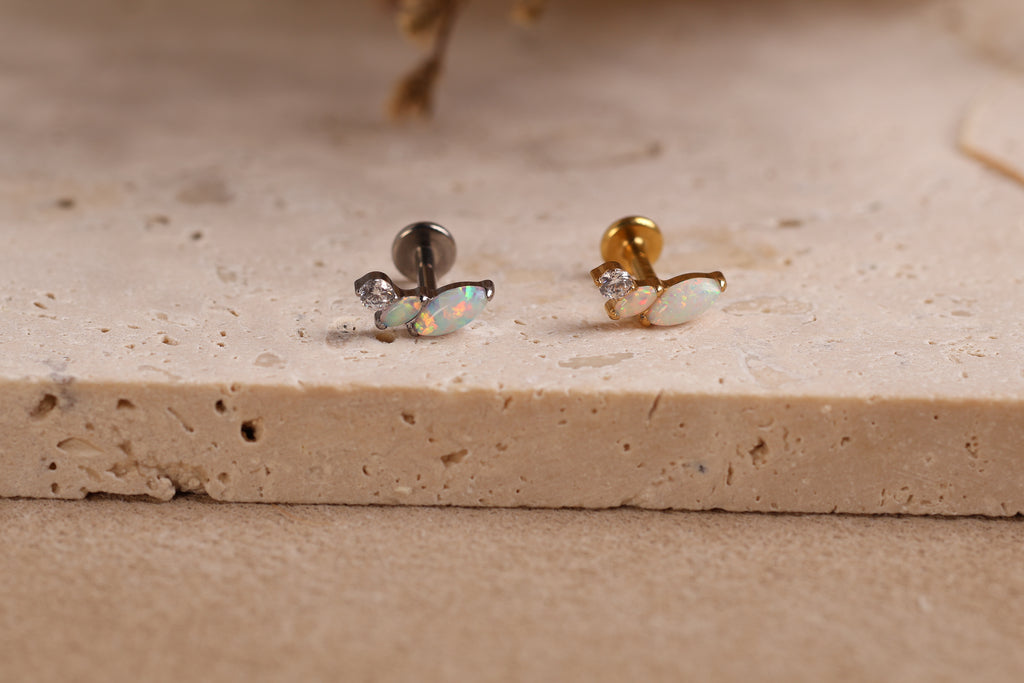 Titanium Opal Marquise Leaf CZ Flat Back Internal Threaded Stud