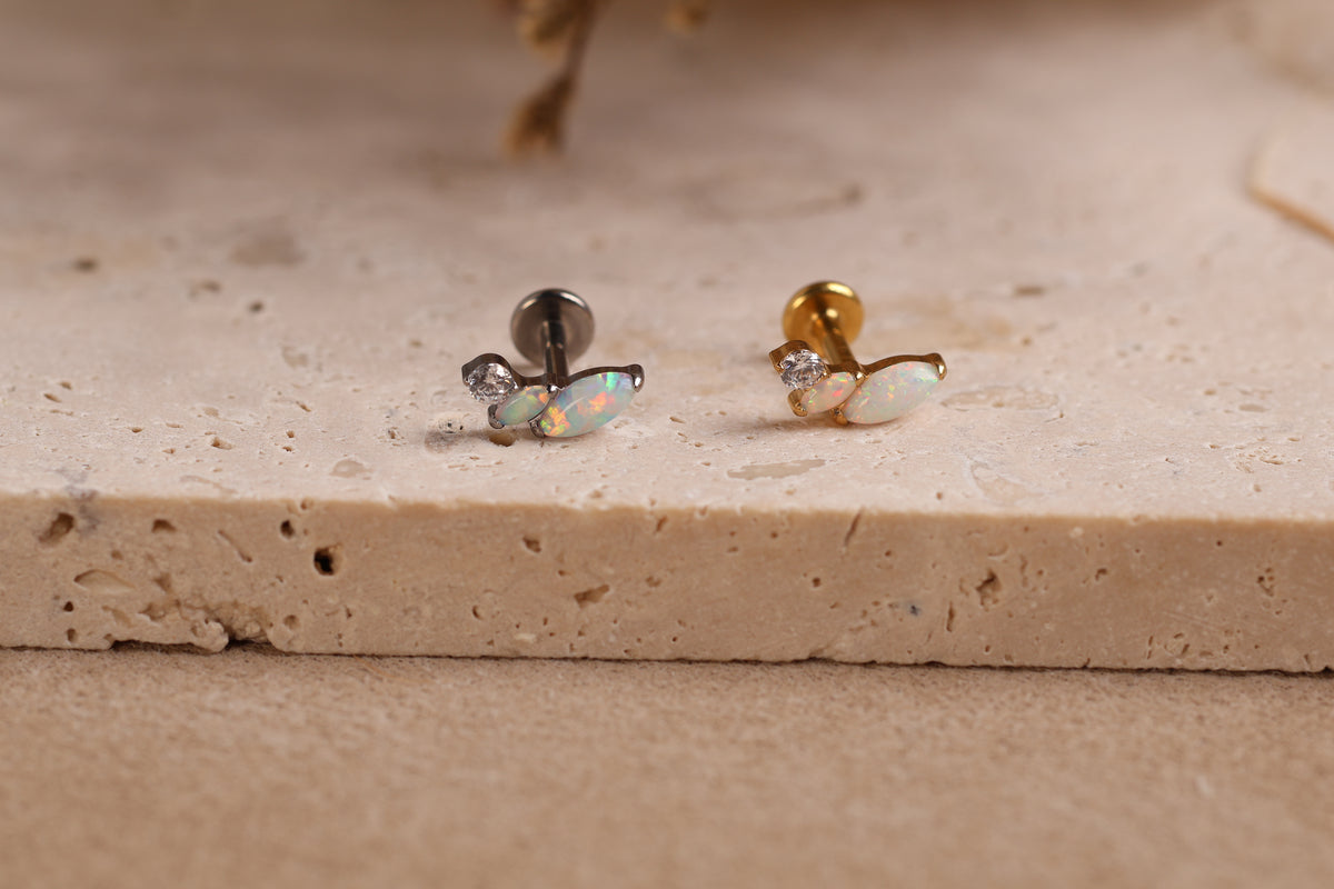 Titanium Opal Marquise Leaf CZ Flat Back Internal Threaded Stud