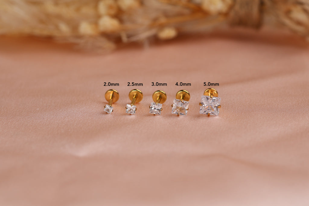 Titanium Push Pin Princess Cut CZ Flat Back Studs