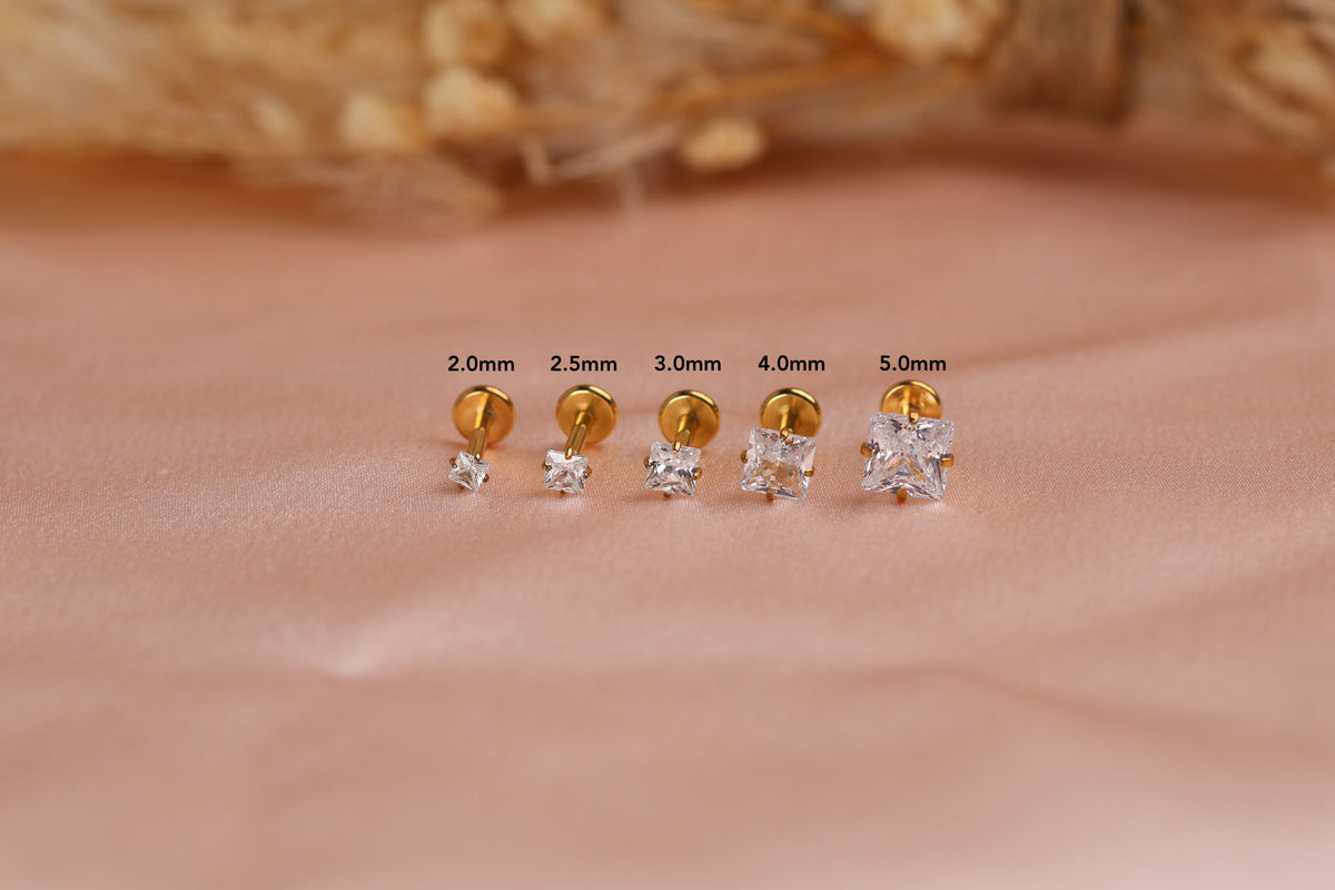 Titanium Push Pin Princess Cut CZ Flat Back Studs