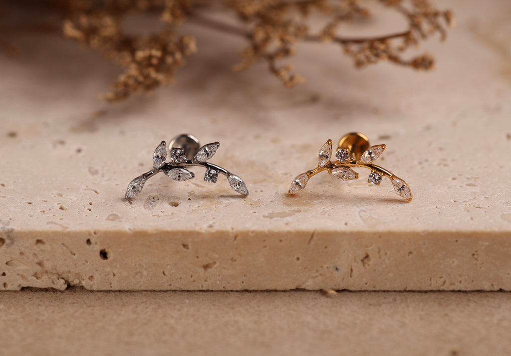 Titanium Threadless Curved Marquise Leaf  Vine Stud