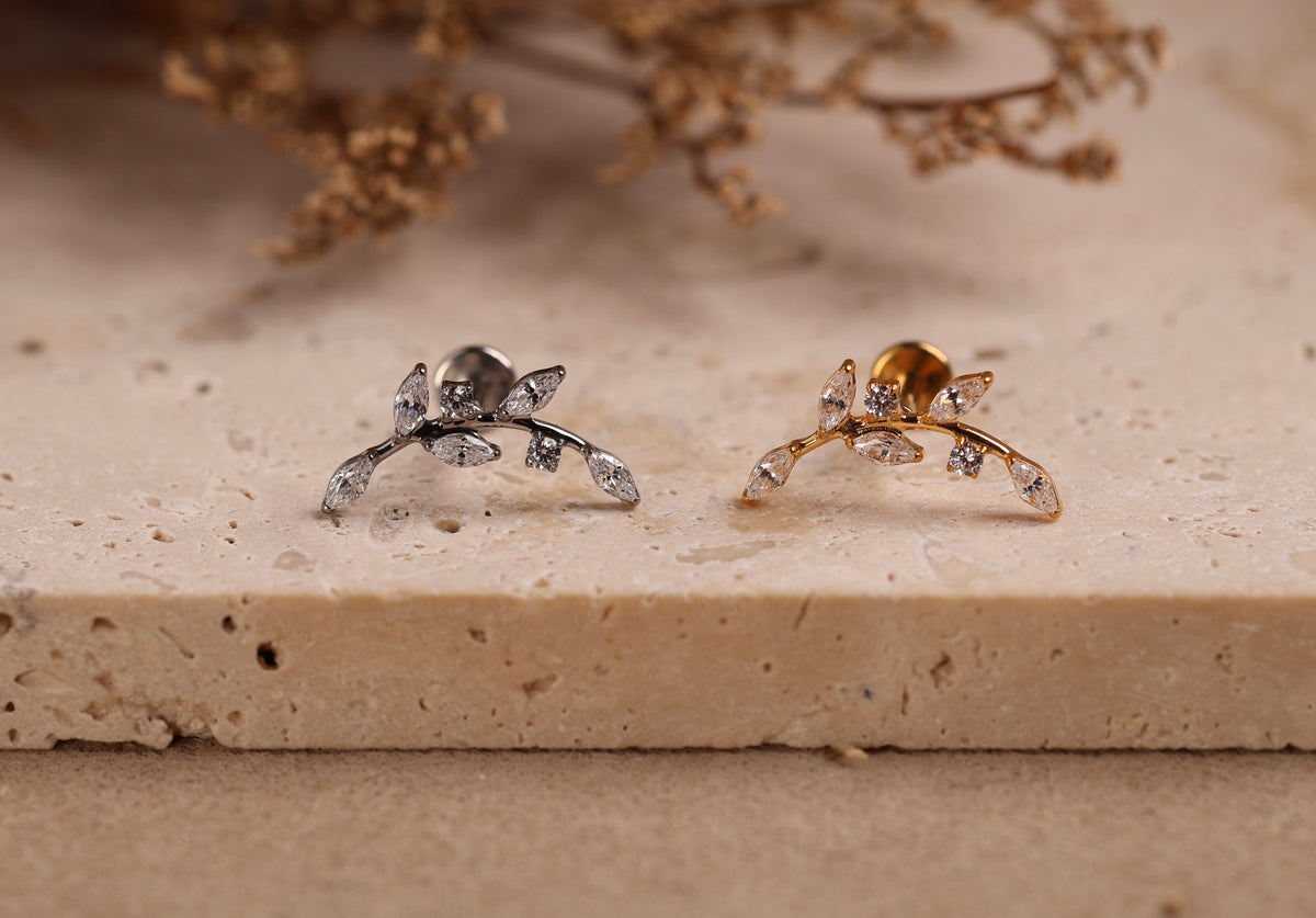 Titanium Threadless Curved Marquise Leaf  Vine Stud