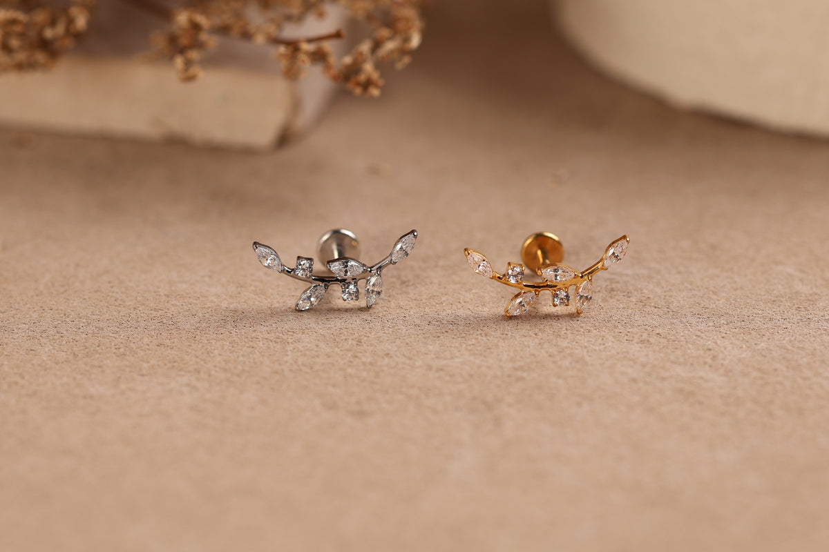 Titanium Threadless Curved Marquise Leaf  Vine Stud