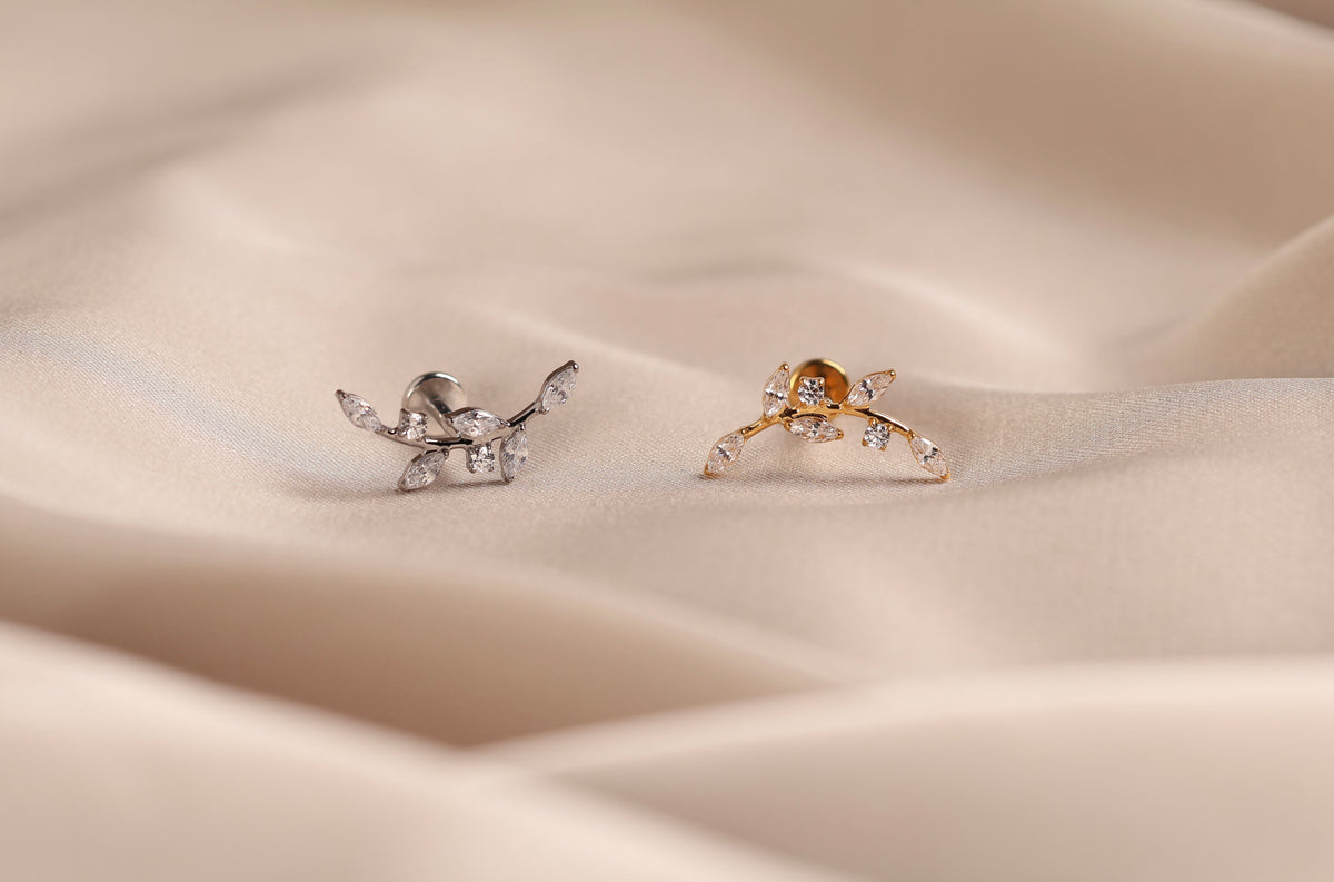 Titanium Threadless Curved Marquise Leaf  Vine Stud