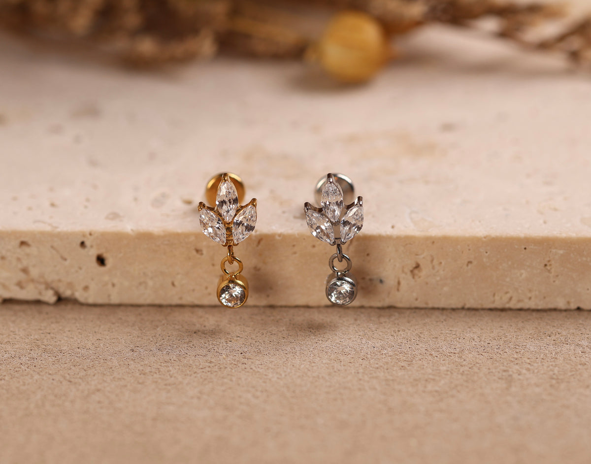 Titanium Threadless Triple Marquise Leaf & Round Drop Stud
