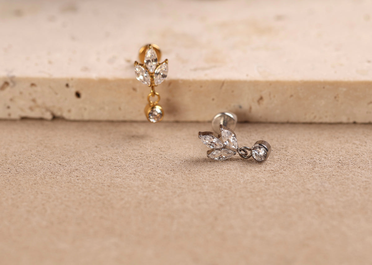 Titanium Threadless Triple Marquise Leaf & Round Drop Stud