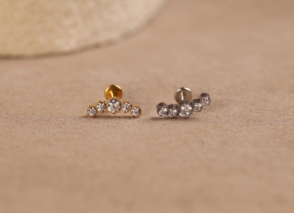 Titanium Curved Five Stone Bezel Arc Threadless Flat Back Stud