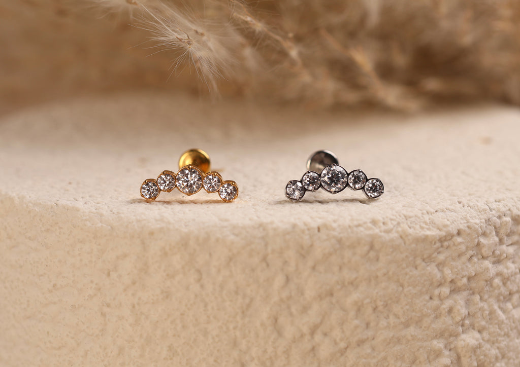 Titanium Curved Five Stone Bezel Arc Threadless Flat Back Stud