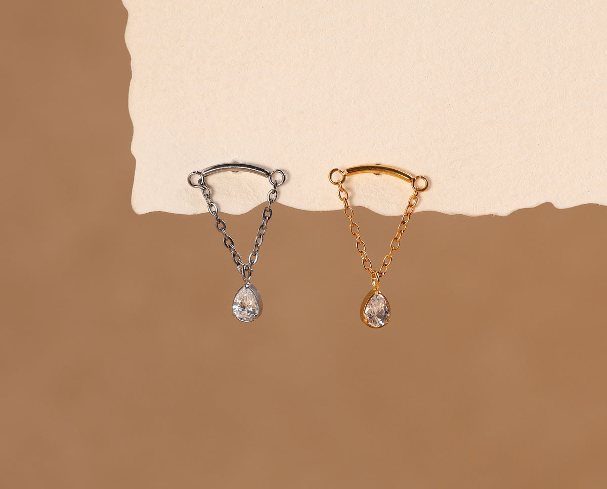 Titanium Curved Bar & Pear Chain Drop Internal Threaded Flat Back
