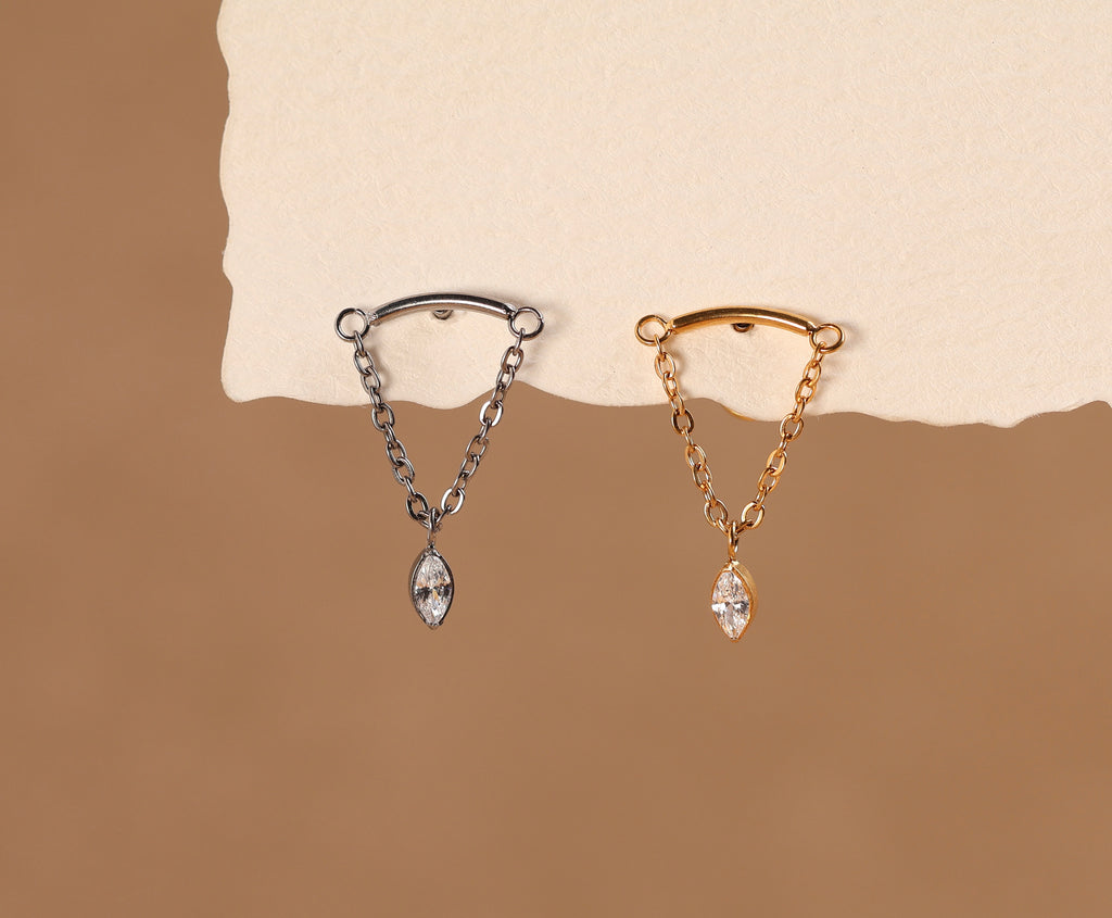 Titanium Curved Bar & Draped Chain Drop Marquise Internal Threaded Flat Back