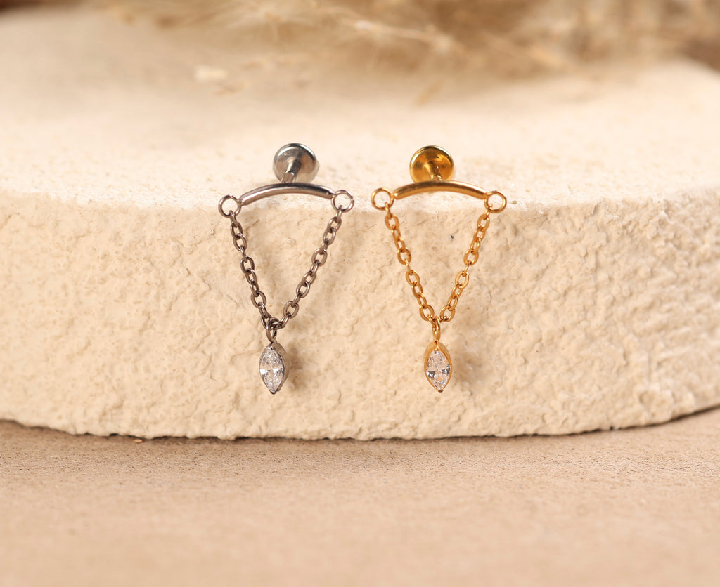 Titanium Curved Bar & Draped Chain Drop Marquise Internal Threaded Flat Back