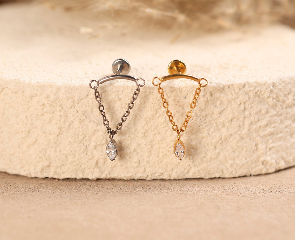 Titanium Curved Bar & Draped Chain Drop Marquise Internal Threaded Flat Back