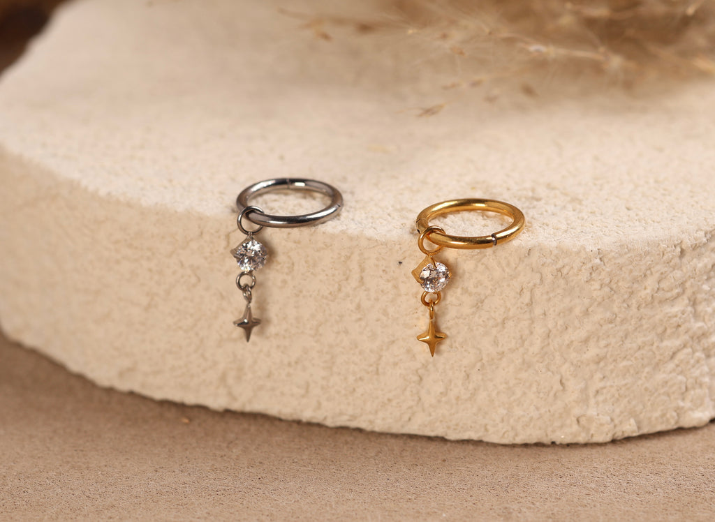 Titanium Celestial Star & Round Stone Dangle Hoop