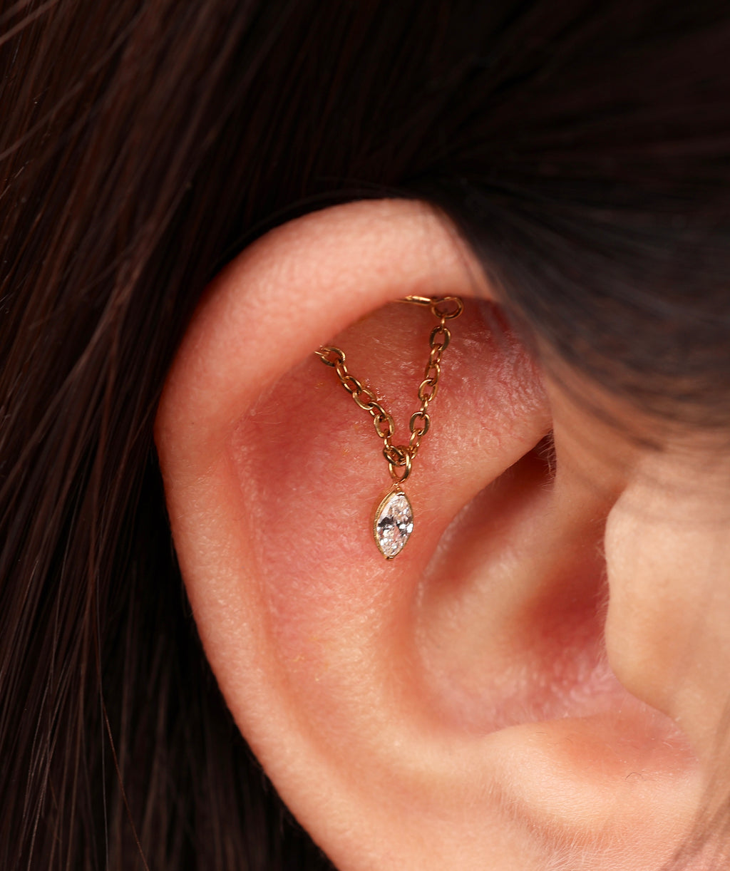 Titanium Curved Bar & Draped Chain Drop Marquise Internal Threaded Flat Back