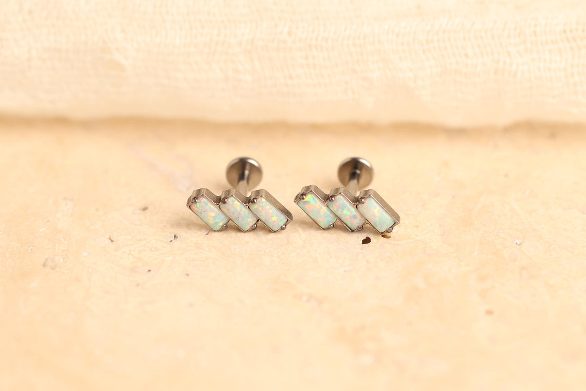 16G/18G Titanium Triple Baguette Opal Bar Stud Earrings – Dainty Titanium Flat Back Labret – Helix, Tragus, Cartilage Jewelry N141