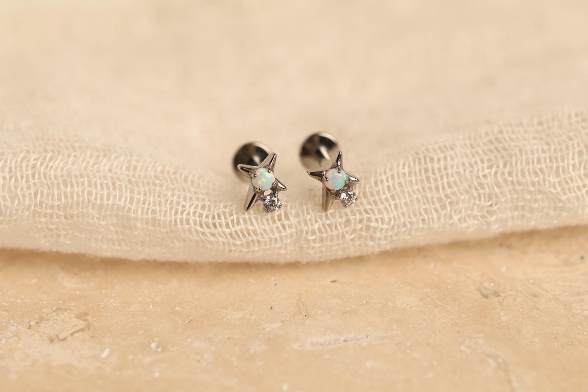 16G/18G/20G Titanium Opal Star Flat Back Earrings - Threadless Titanium North Star Studs - Hypoallergenic Celestial Cartilage Jewelry N136