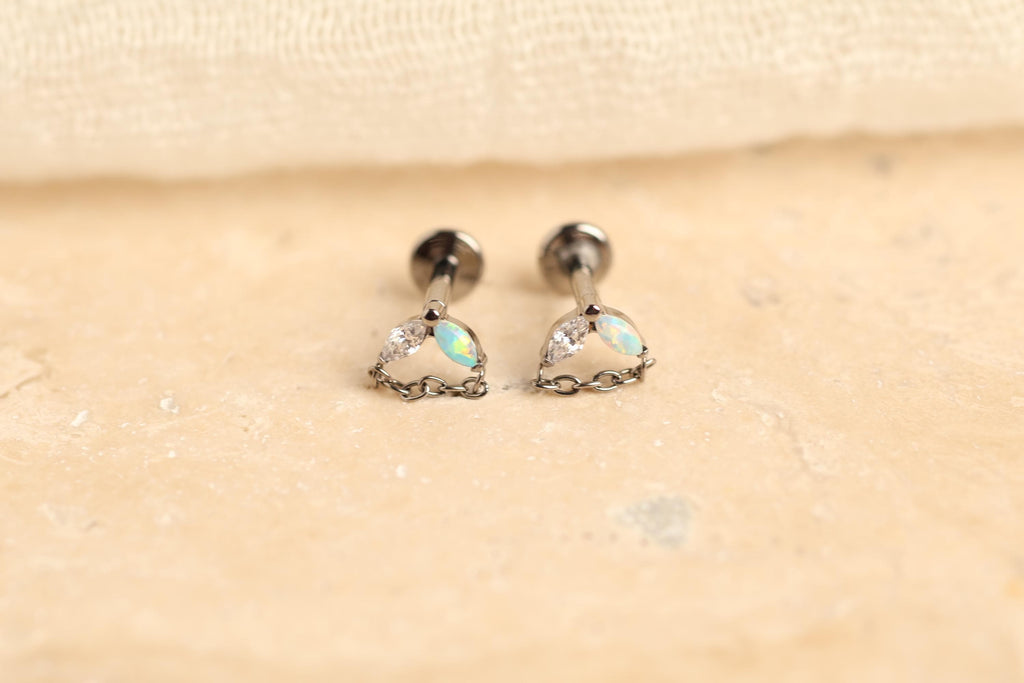 16G/18G Titanium Double Marquise Opal & CZ Chain Stud Earrings –  Flat Back Minimal Marquise Opal Drop, Screw Back Cartilage Earrings N134