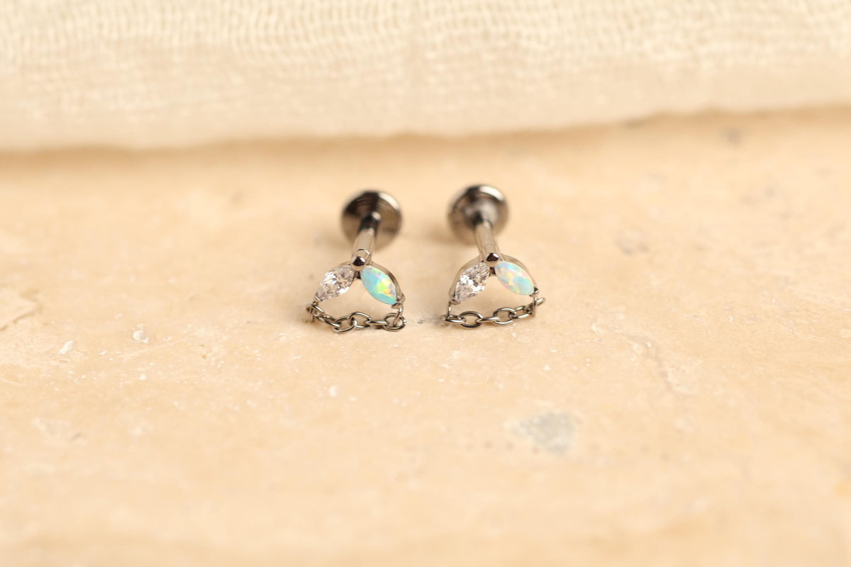 16G/18G Titanium Double Marquise Opal & CZ Chain Stud Earrings –  Flat Back Minimal Marquise Opal Drop, Screw Back Cartilage Earrings N134