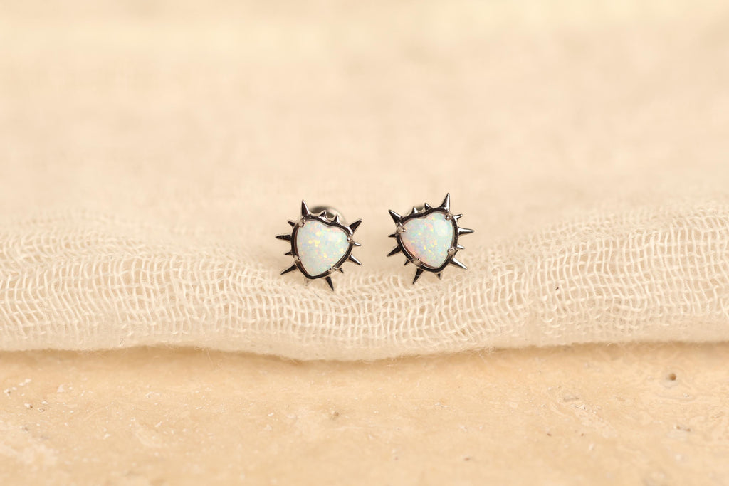 18G/16G Titanium Opal Heart Sunburst Screw Back Stud Earrings, Flat Back Cartilage Earrings, Internally Threaded Labret, Helix Tragus N142