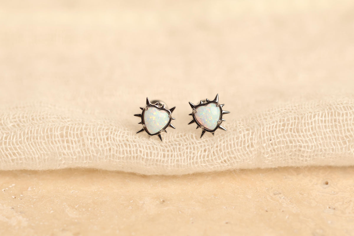 18G/16G Titanium Opal Heart Sunburst Screw Back Stud Earrings, Flat Back Cartilage Earrings, Internally Threaded Labret, Helix Tragus N142