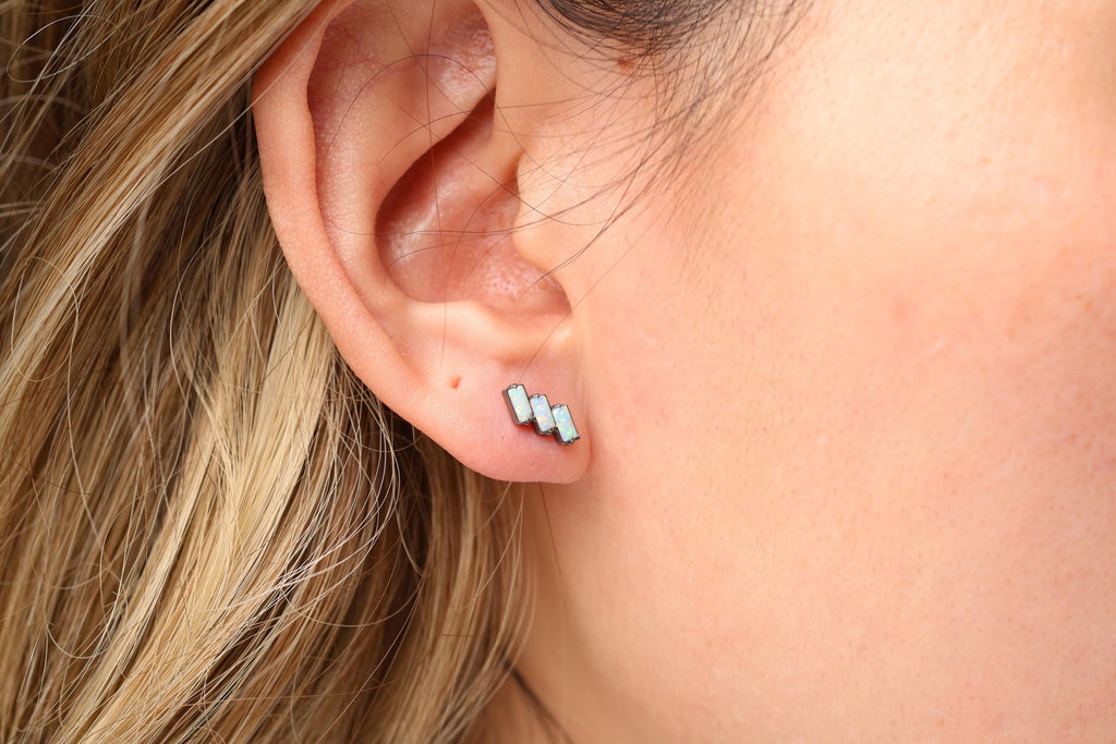 16G/18G Titanium Triple Baguette Opal Bar Stud Earrings – Dainty Titanium Flat Back Labret – Helix, Tragus, Cartilage Jewelry N141