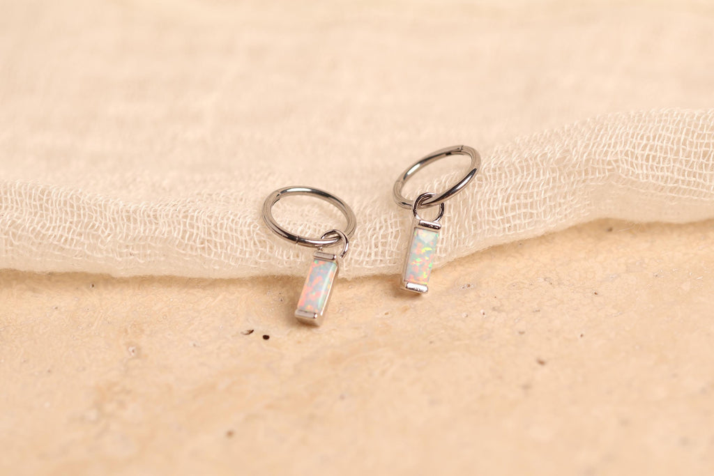 16G/18G Titanium Huggie Earrings with Dangle Baguette Opal Charm, Dainty Cartilage Hoop, Cartilage/Conch/Helix Hoop Earring N147
