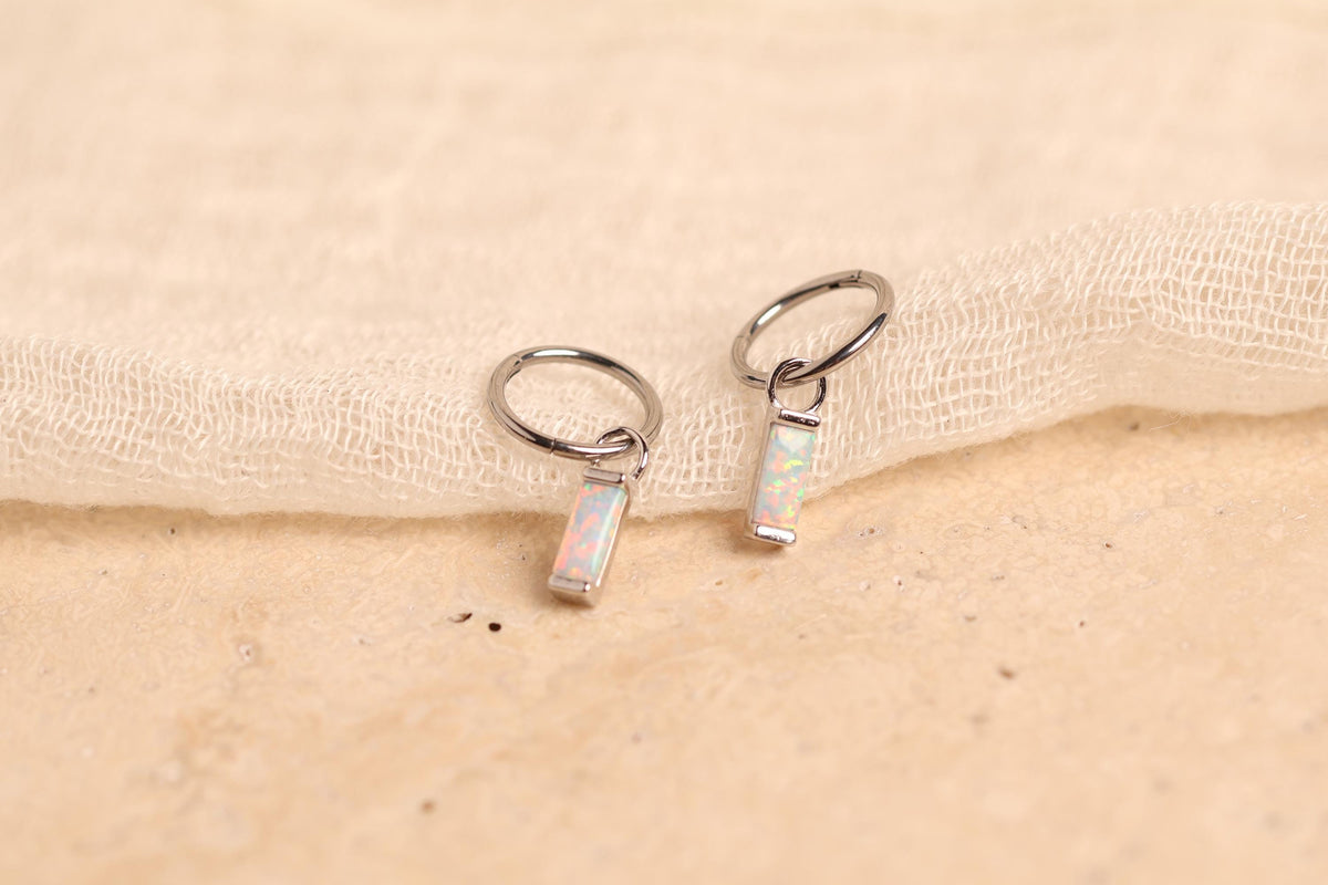 16G/18G Titanium Huggie Earrings with Dangle Baguette Opal Charm, Dainty Cartilage Hoop, Cartilage/Conch/Helix Hoop Earring N147