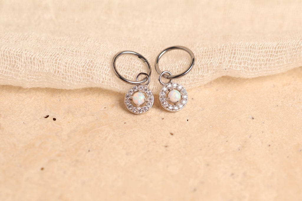 16G/18G Titanium Opal Halo Hoop Dangle, Hypoallergenic Hoop, Minimal Round Drop Earrings – Everyday Elegant Jewelry N149
