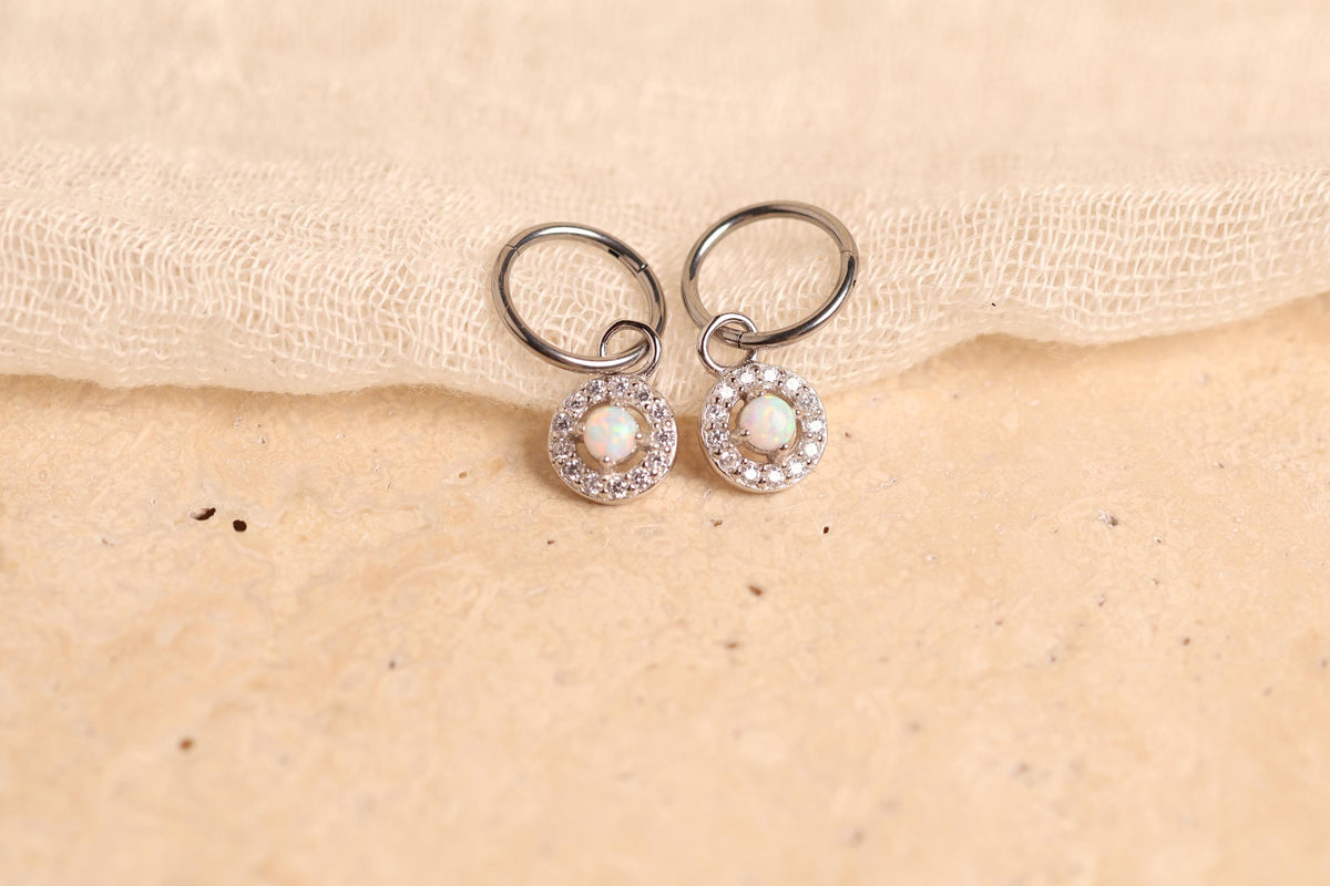 16G/18G Titanium Opal Halo Hoop Dangle, Hypoallergenic Hoop, Minimal Round Drop Earrings – Everyday Elegant Jewelry N149