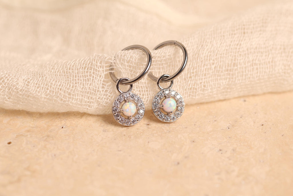 16G/18G Titanium Opal Halo Hoop Dangle, Hypoallergenic Hoop, Minimal Round Drop Earrings – Everyday Elegant Jewelry N149