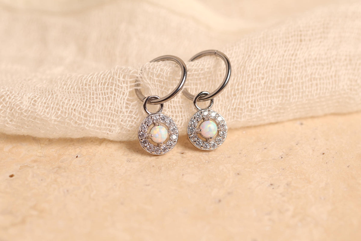16G/18G Titanium Opal Halo Hoop Dangle, Hypoallergenic Hoop, Minimal Round Drop Earrings – Everyday Elegant Jewelry N149
