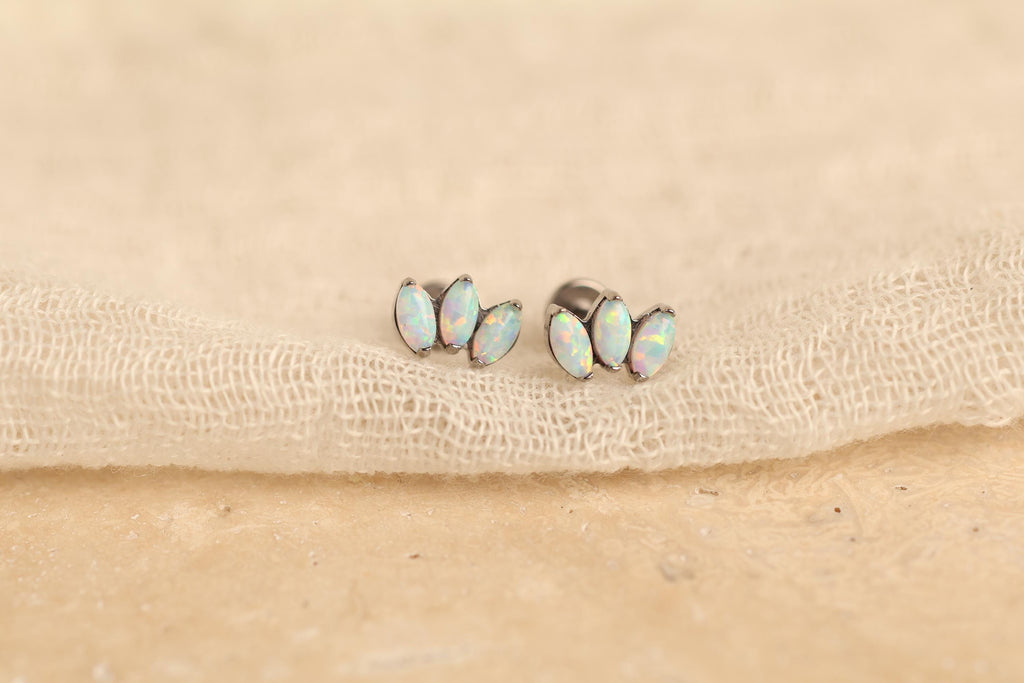 16G/18G Titanium Marquise Opal Cluster Screw Back Stud Earrings, Flat Back Cartilage Earrings, Internally Threaded Labret, Helix Tragus N144