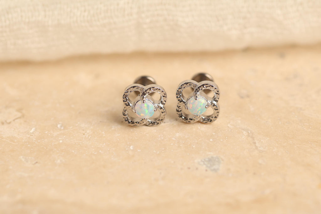 16G/18G Titanium Clover Opal Studs - Dainty Flat Back Earrings - Hypoallergenic White Fire Opal  Jewelry - Threaded earring N138