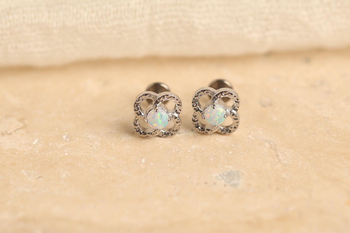 16G/18G Titanium Clover Opal Studs - Dainty Flat Back Earrings - Hypoallergenic White Fire Opal  Jewelry - Threaded earring N138