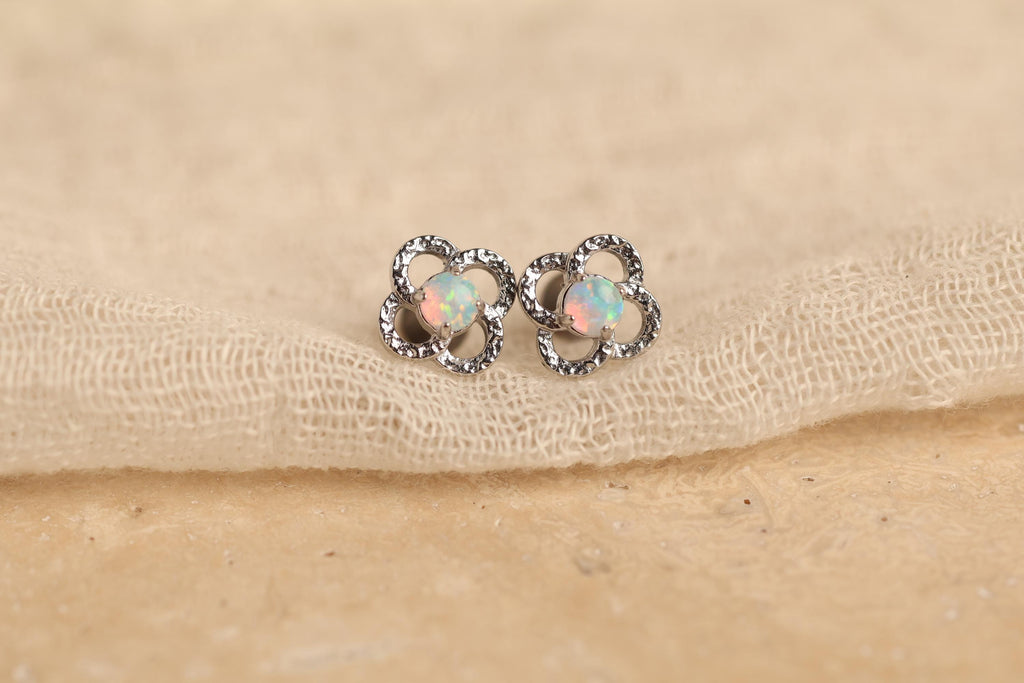 16G/18G Titanium Clover Opal Studs - Dainty Flat Back Earrings - Hypoallergenic White Fire Opal  Jewelry - Threaded earring N138