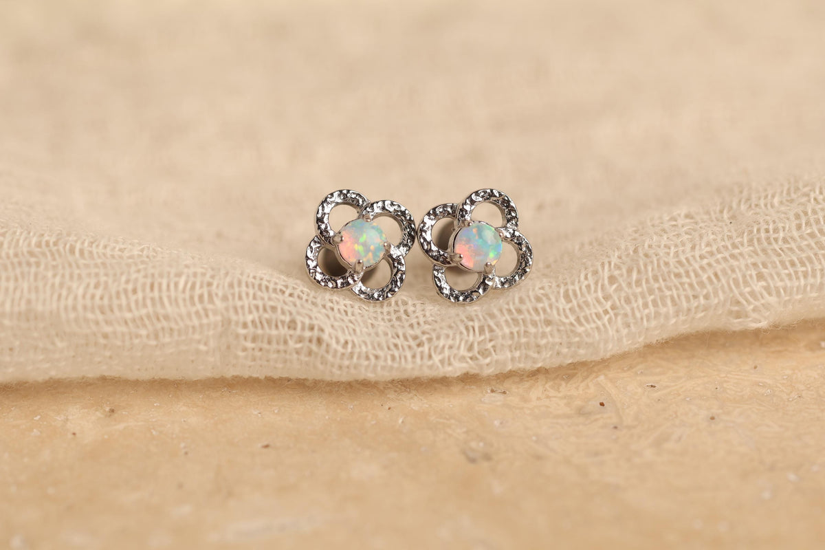 16G/18G Titanium Clover Opal Studs - Dainty Flat Back Earrings - Hypoallergenic White Fire Opal  Jewelry - Threaded earring N138