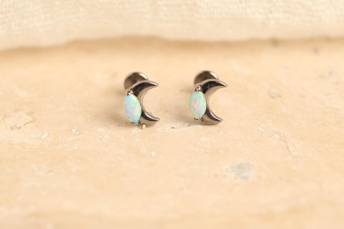16G/18G Titanium Opal Crescent Moon Stud Earrings –  Flat Back Minimal Celestial Screw Back Earrings, Tiny Moon Jewelry, N135