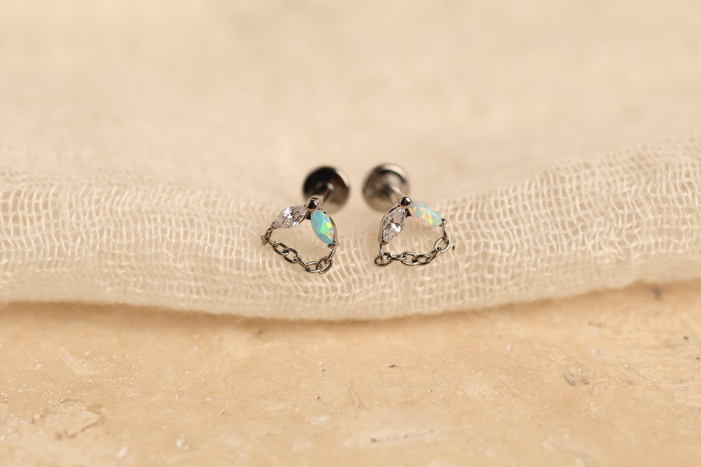 16G/18G Titanium Double Marquise Opal & CZ Chain Stud Earrings –  Flat Back Minimal Marquise Opal Drop, Screw Back Cartilage Earrings N134
