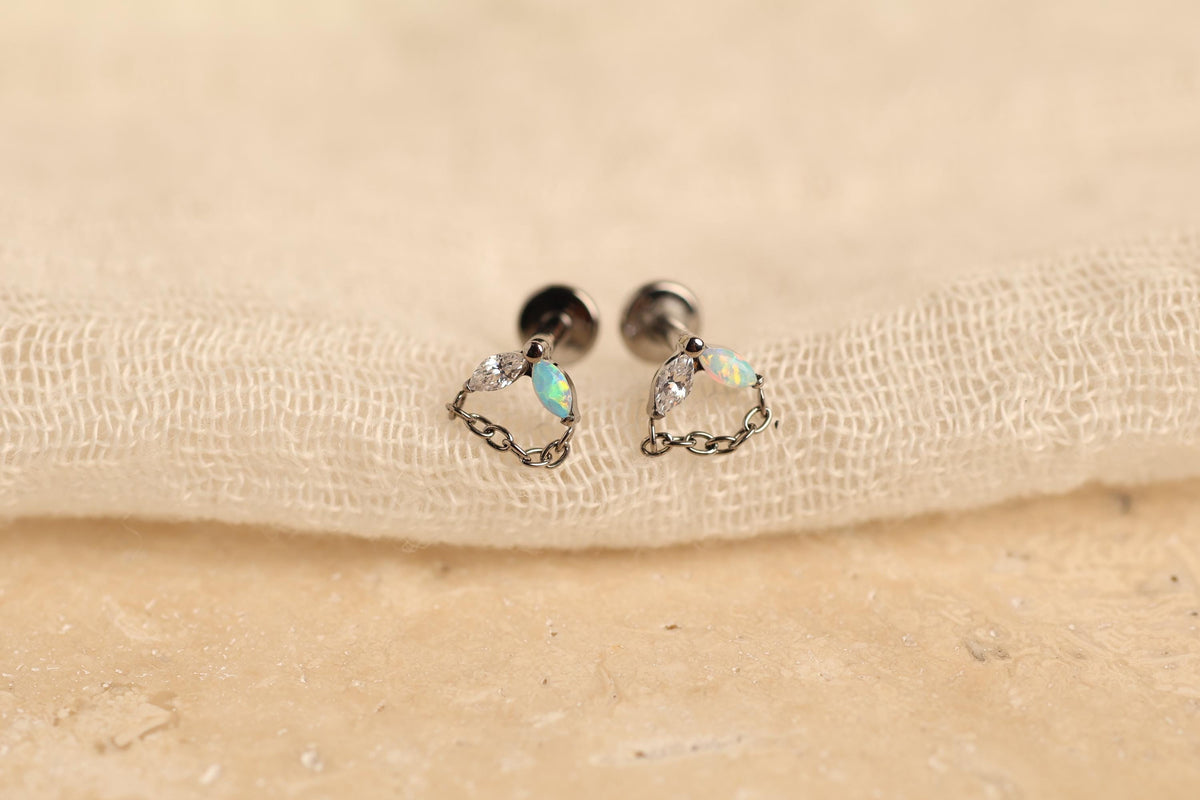 16G/18G Titanium Double Marquise Opal & CZ Chain Stud Earrings –  Flat Back Minimal Marquise Opal Drop, Screw Back Cartilage Earrings N134