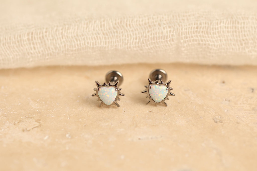18G/16G Titanium Opal Heart Sunburst Screw Back Stud Earrings, Flat Back Cartilage Earrings, Internally Threaded Labret, Helix Tragus N142
