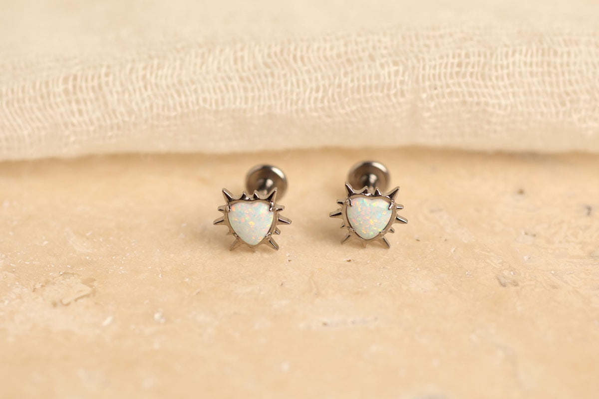 18G/16G Titanium Opal Heart Sunburst Screw Back Stud Earrings, Flat Back Cartilage Earrings, Internally Threaded Labret, Helix Tragus N142