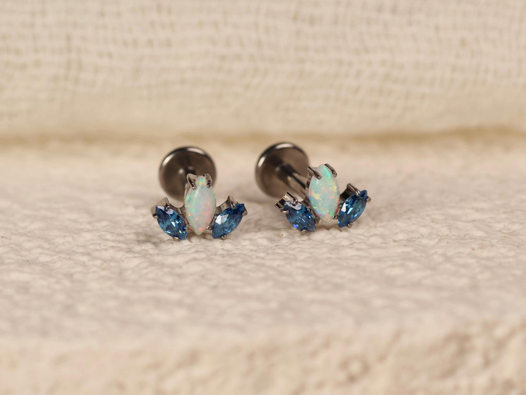 16/18G Titanium Opal & Blue Marquise Screw Back Stud Earrings, Internally Threaded Flat Back Cartilage Earrings, Helix Tragus Conch N146