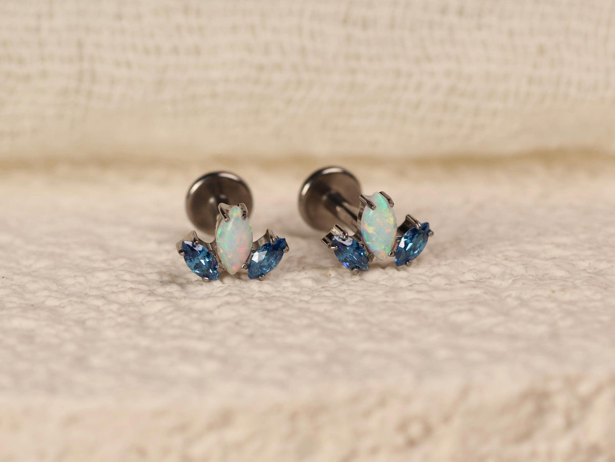 16/18G Titanium Opal & Blue Marquise Screw Back Stud Earrings, Internally Threaded Flat Back Cartilage Earrings, Helix Tragus Conch N146