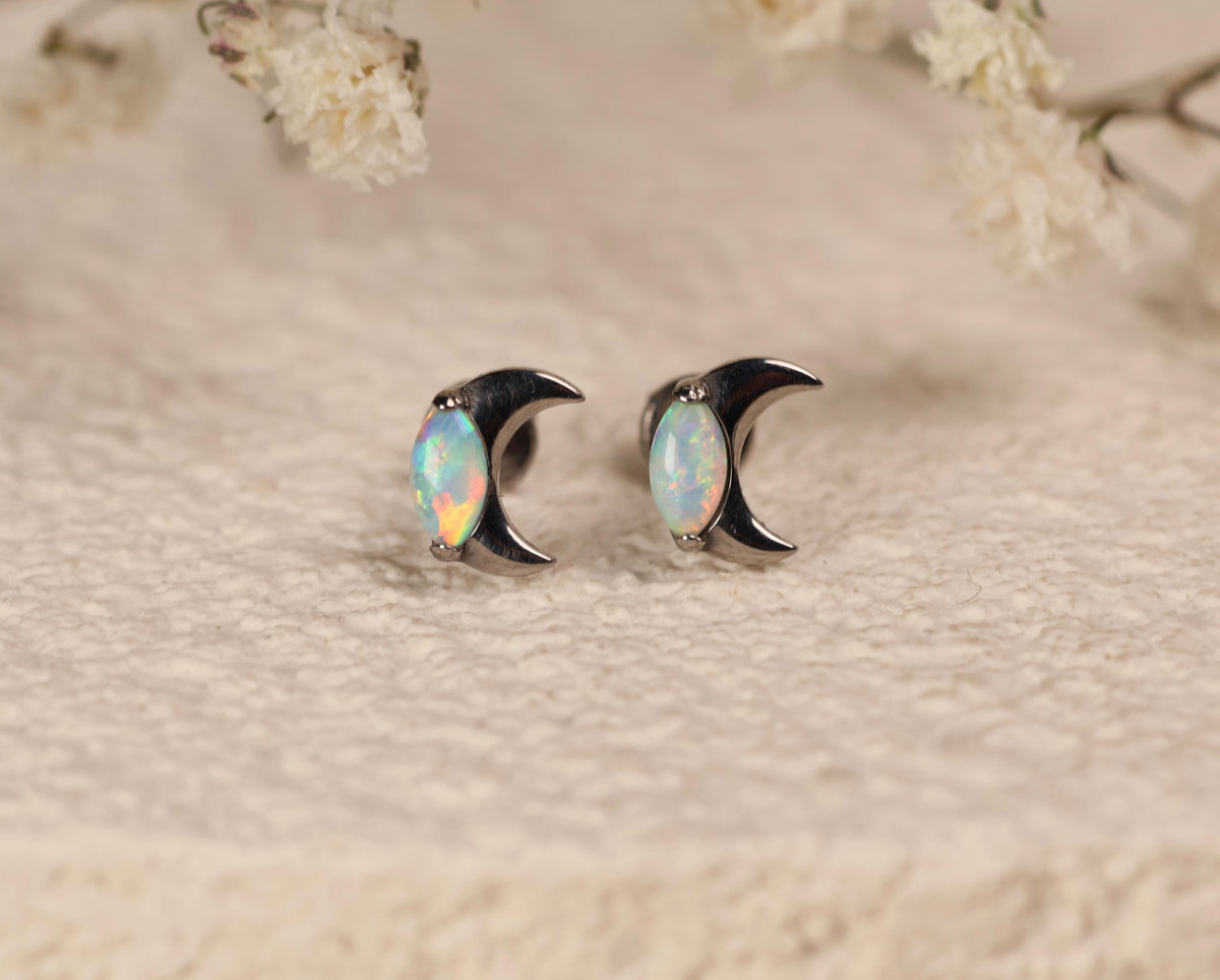 16G/18G Titanium Opal Crescent Moon Stud Earrings –  Flat Back Minimal Celestial Screw Back Earrings, Tiny Moon Jewelry, N135
