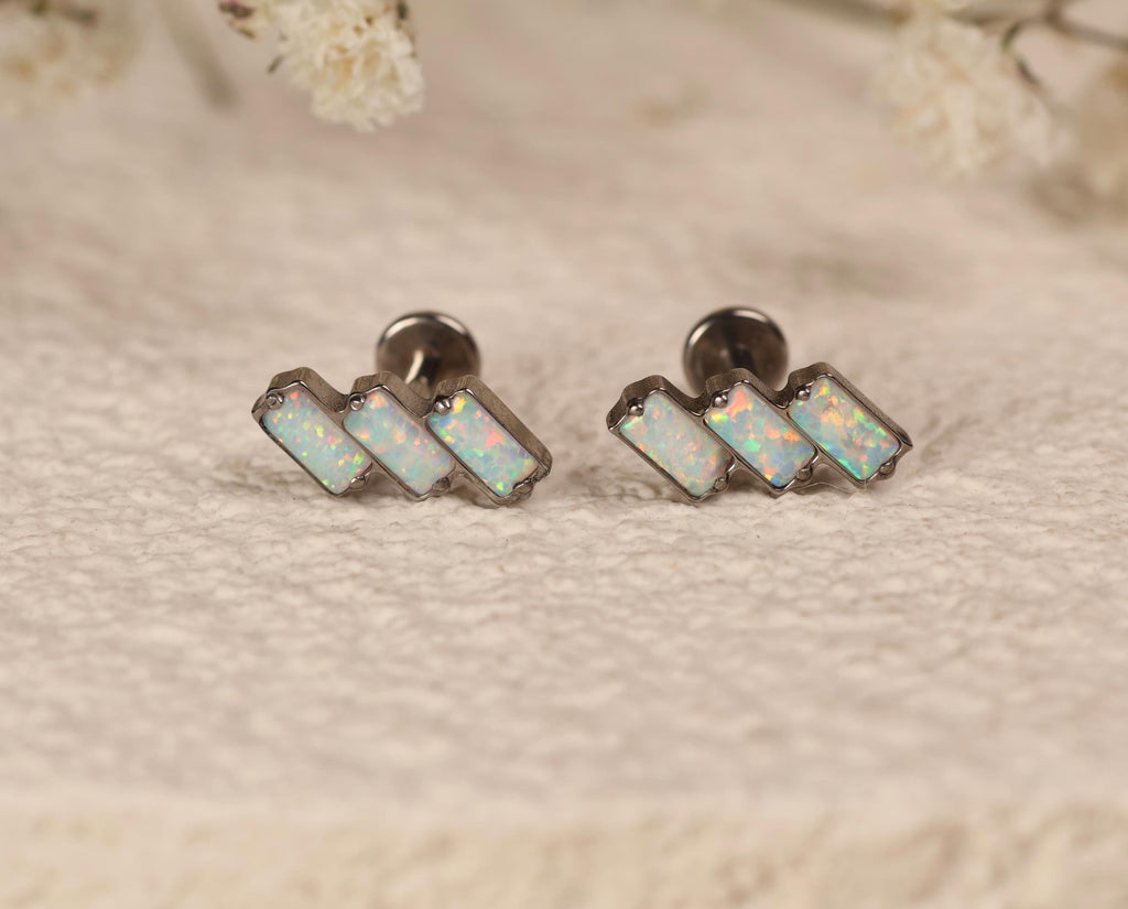 16G/18G Titanium Triple Baguette Opal Bar Stud Earrings – Dainty Titanium Flat Back Labret – Helix, Tragus, Cartilage Jewelry N141