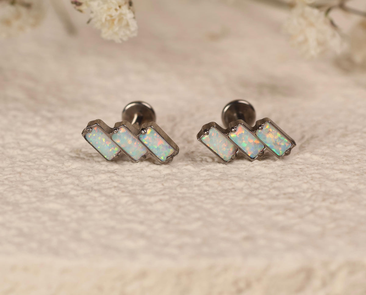 16G/18G Titanium Triple Baguette Opal Bar Stud Earrings – Dainty Titanium Flat Back Labret – Helix, Tragus, Cartilage Jewelry N141