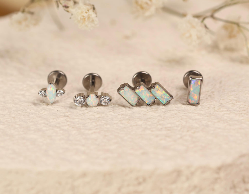 16G/18G Titanium Opal Flat Back Stud Earrings Set | Implant Grade Titanium Labret | Cartilage, Helix, Tragus & Lobe Piercing