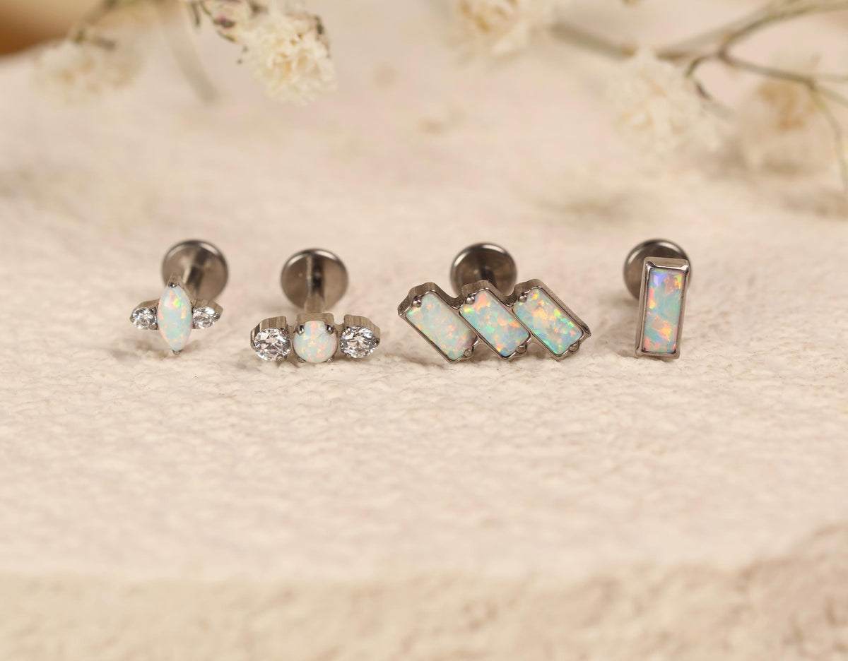 16G/18G Titanium Opal Flat Back Stud Earrings Set | Implant Grade Titanium Labret | Cartilage, Helix, Tragus & Lobe Piercing